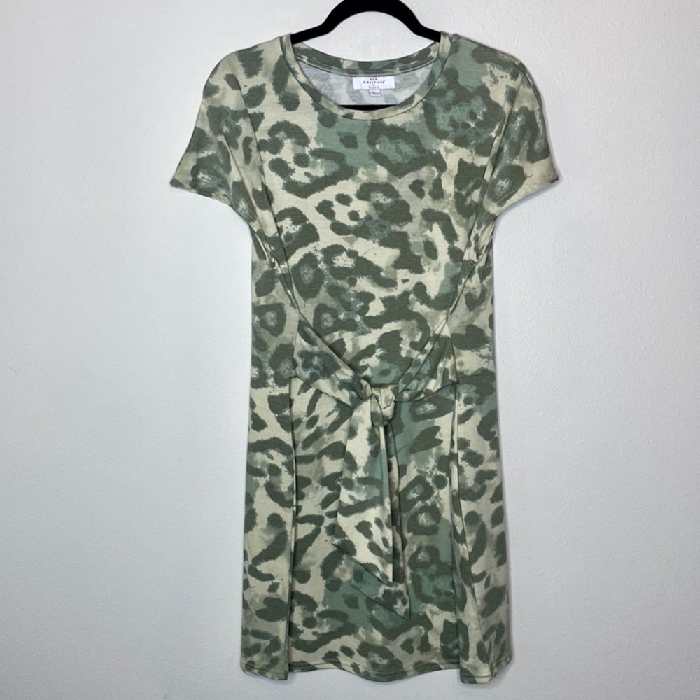 New Directions Studio Cream/Green Camo Cap Sleeve Tie Front Mini Dress Size L
